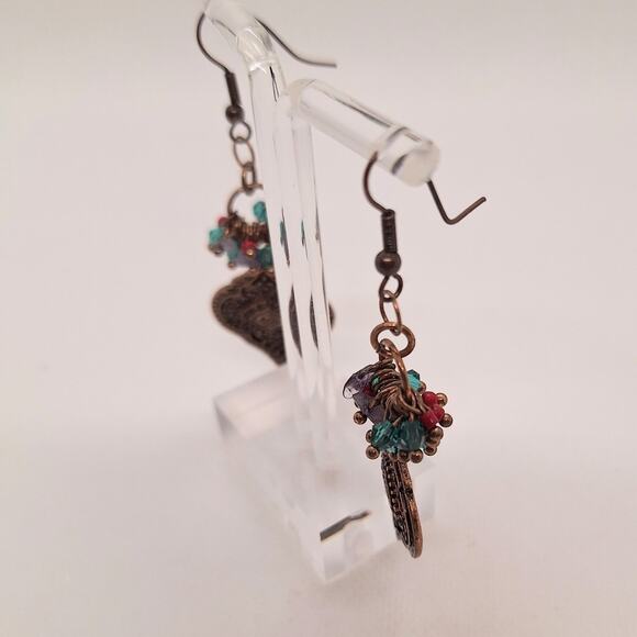 Copper Dangle Earrings With Multicolor Bead Cluster - Picture 3 of 5